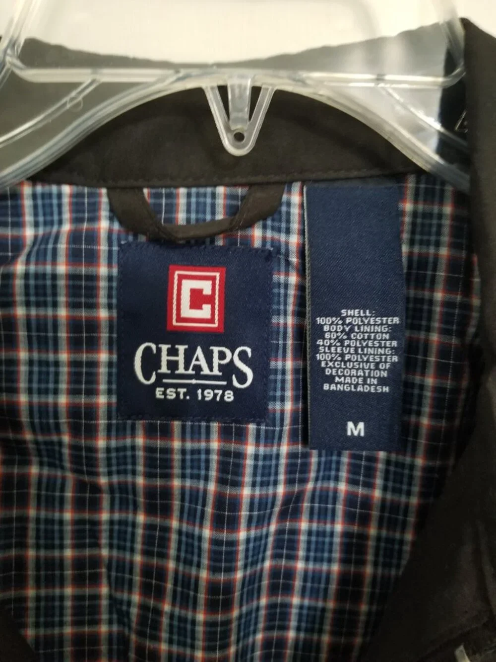 Chaps Black Men's Jacket with Blue Plaid Lining